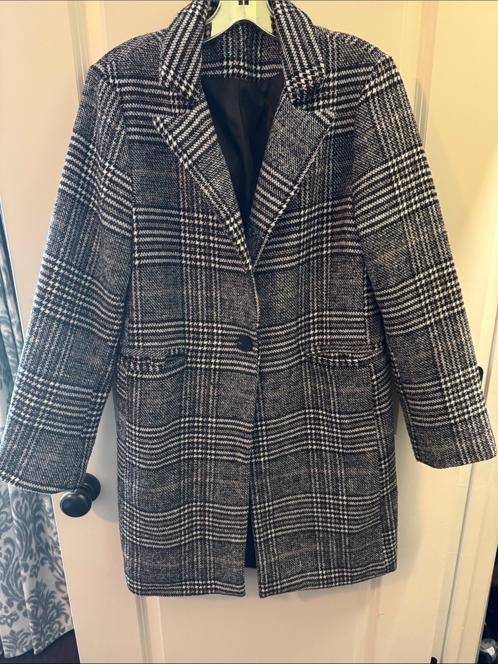 SHEIN Black & White Plaid Pea Coat